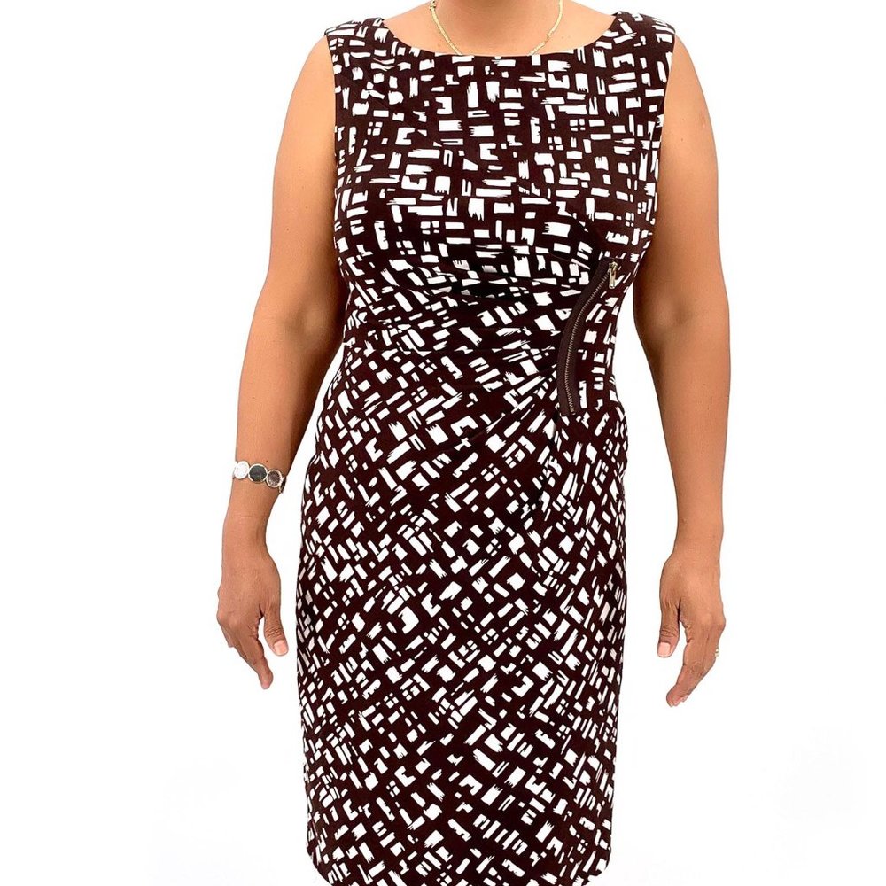 TAHARI Dress Womens Brown/White Silk Sleeveless